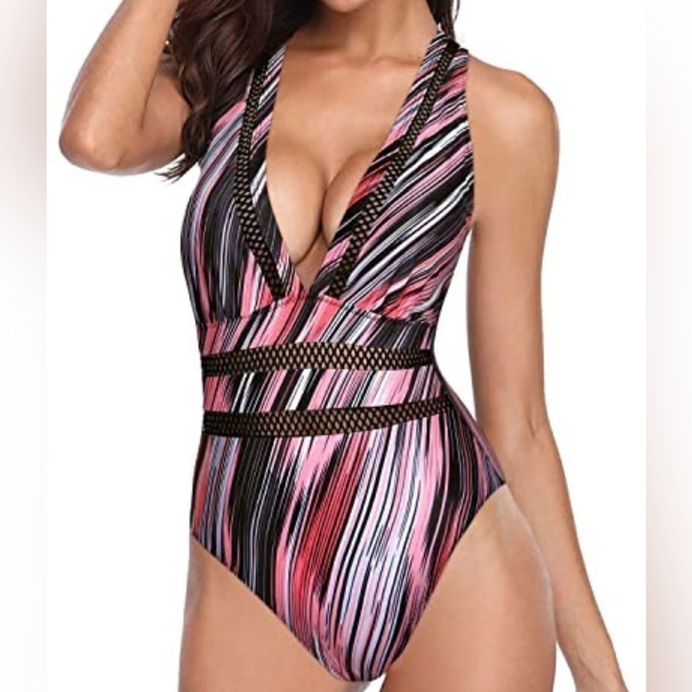 Tempt Me Curve-Contouring V Neck One Piece One Piece Swimsuits-Pink Stripe Small